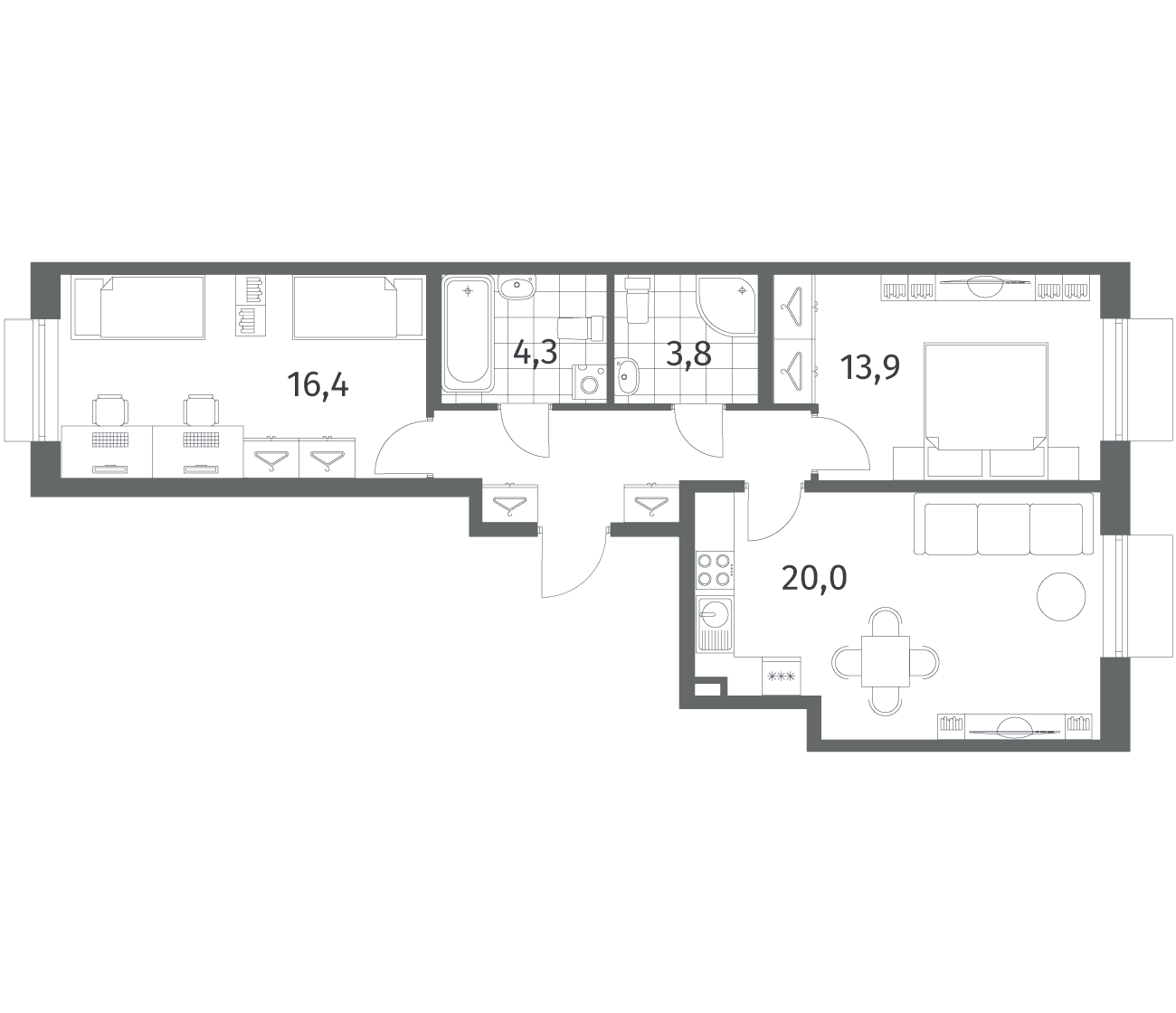 Планировка: Евротрёшка 65,7 м² в ЖК «Парусная 1»