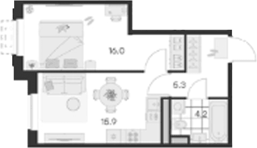 Планировка: 1-комнатная квартира 41,4 м² в ЖК «Михалевич»