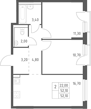 Планировка: Евротрёшка 52,1 м² в ЖК «Химки Парк»