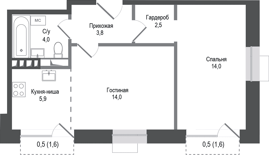Планировка: Евродвушка 44,2 м² в ЖК «Киноквартал»