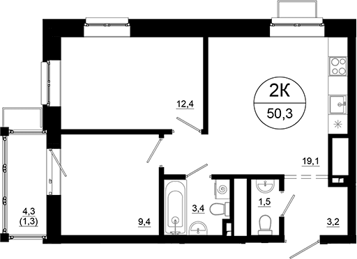 Планировка: 2-комнатная квартира 49 м² в ЖК «Союзный»