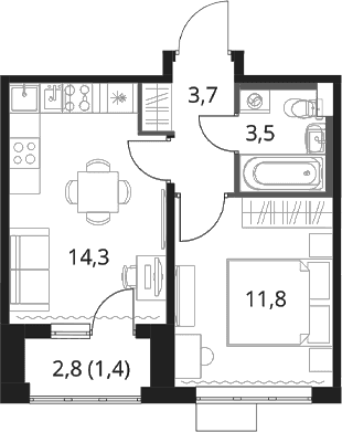 Планировка: 1-комнатная квартира 33,3 м² в ЖК «1-й Шереметьевский»
