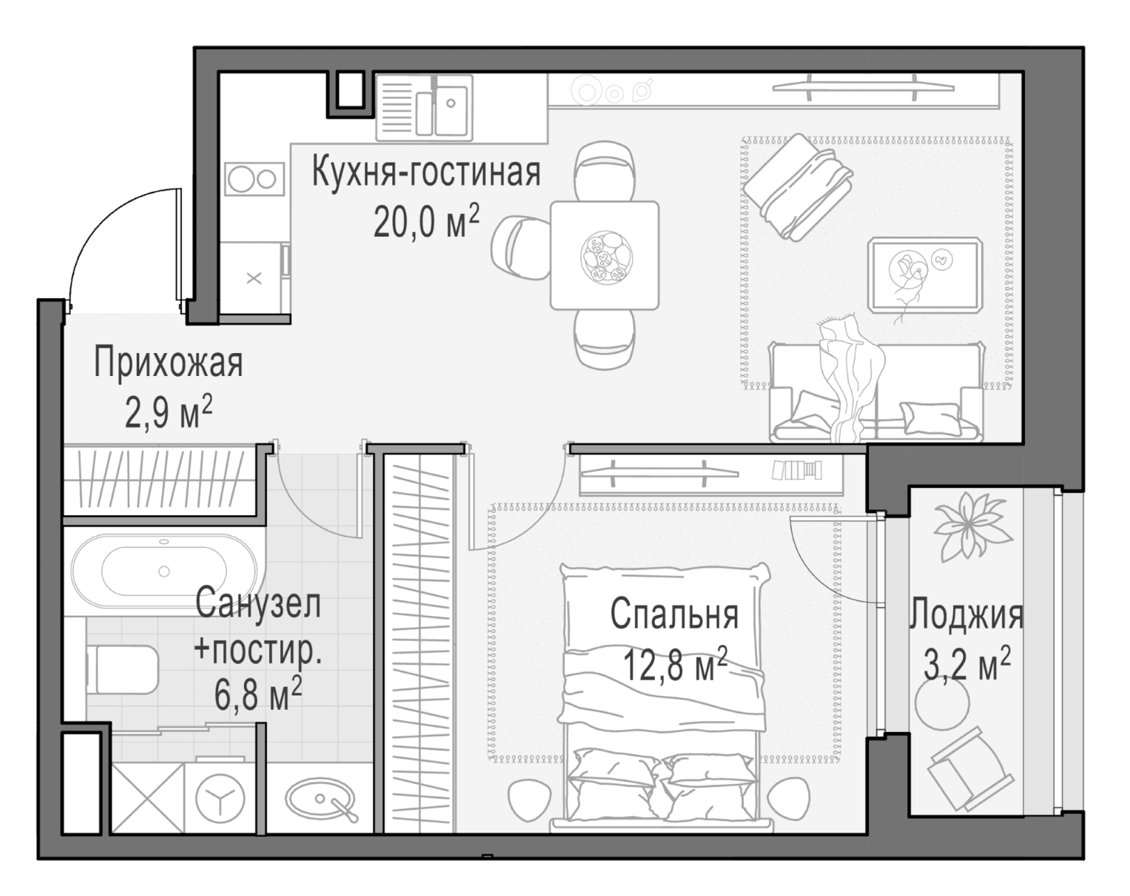 Планировка: Евродвушка 42,2 м² в ЖК «Белый Град»