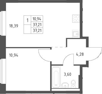 Планировка: Евродвушка 37,2 м² в ЖК «Большое Юрлово»