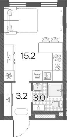 Планировка: Студия 21,4 м² в ЖК «Лучи»