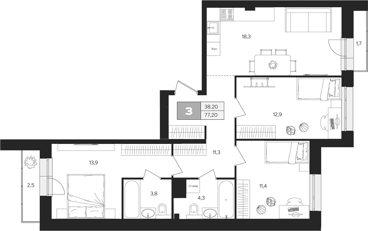 Планировка: 3-комнатная квартира 75,4 м² в ЖК «Ласточкино»