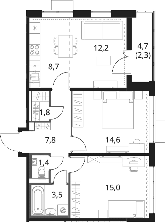 Планировка: Евротрёшка 65 м² в ЖК «1-й Шереметьевский»