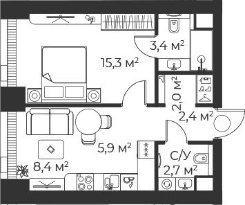 Планировка: Евродвушка 40,2 м² в ЖК «Веер»