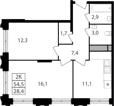 Планировка: 2-комнатная квартира 54,5 м² в ЖК «Варшавские ворота»