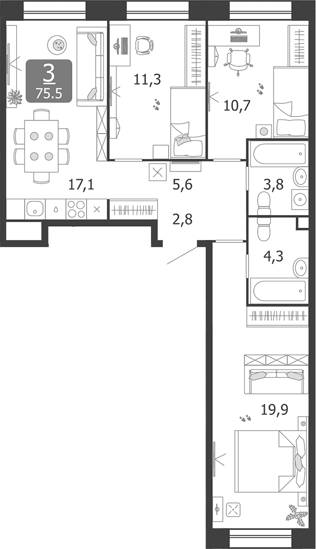 Планировка: Квартира евро-4 75,5 м² в ЖК «Шагал»