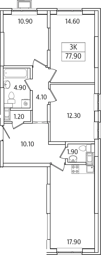 Планировка: 3-комнатная квартира 77,9 м² в ЖК «Видный Берег 2.0»