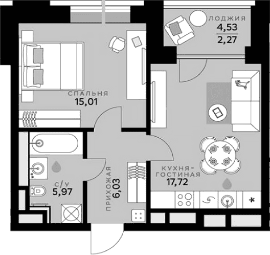 Планировка: Евродвушка 44,7 м² в ЖК «СберСити»