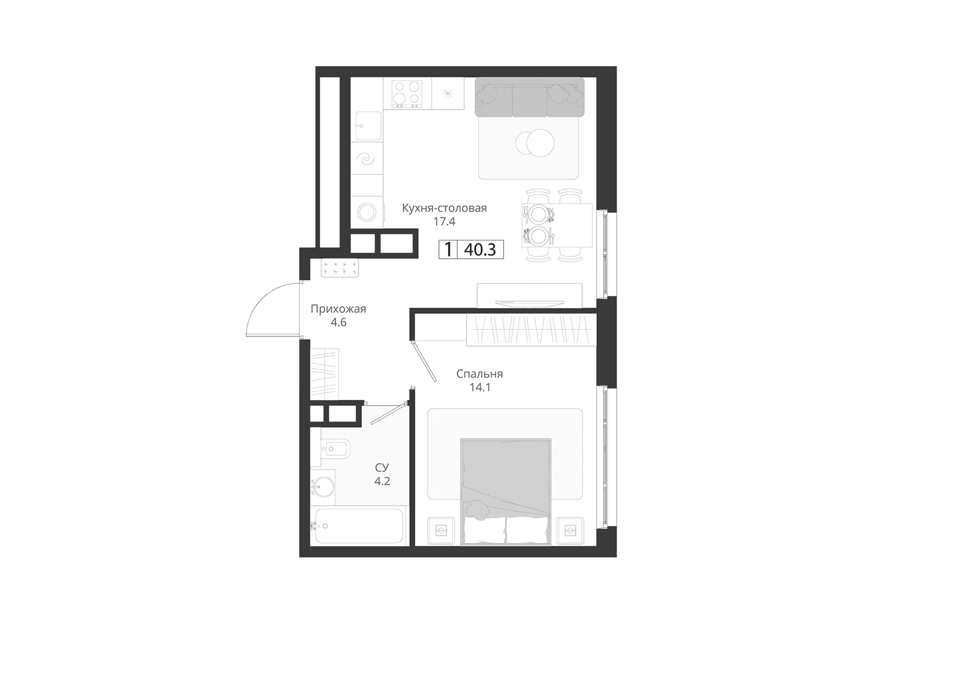 Планировка: Евродвушка 40,3 м² в ЖК «ГРЭЙ»