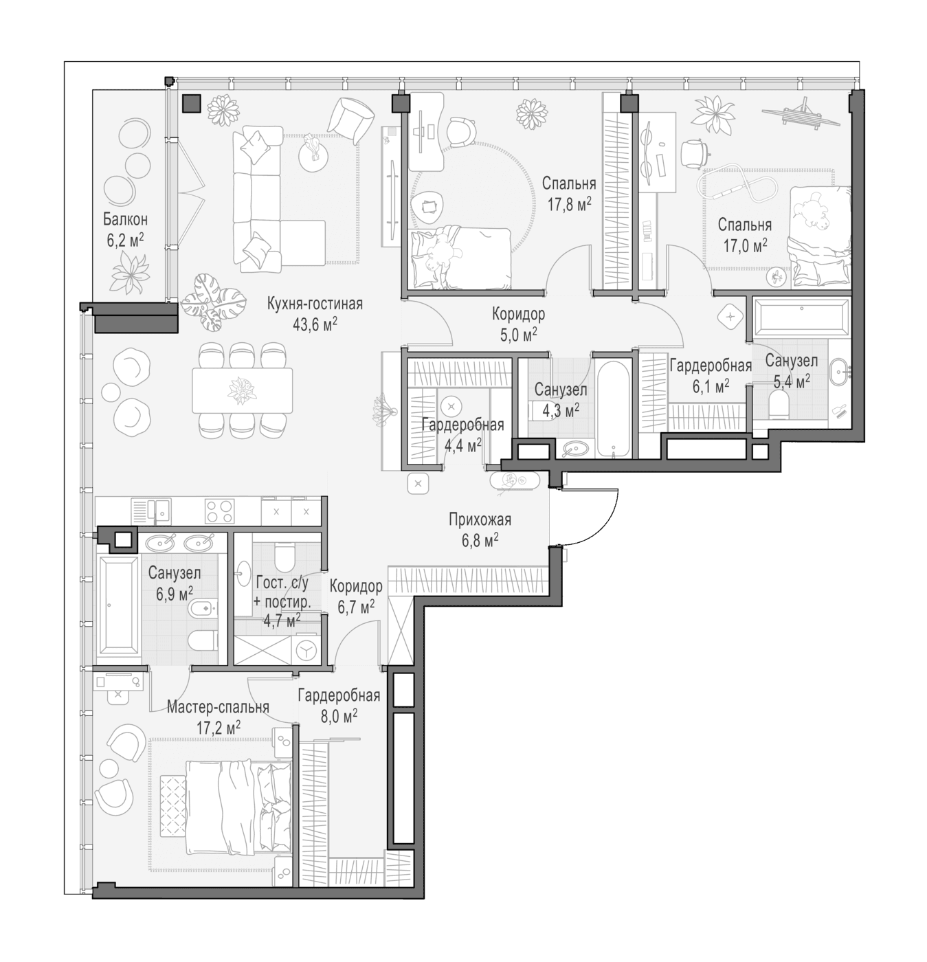 Планировка: Квартира евро-4 156,5 м² в ЖК «Клубный квартал Фрунзенский»