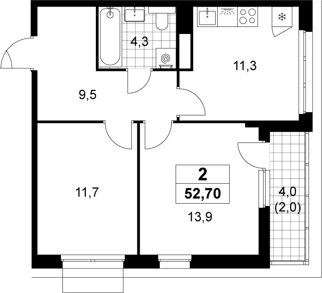 Планировка: 2-комнатная квартира 50,7 м² в ЖК «Деснаречье»