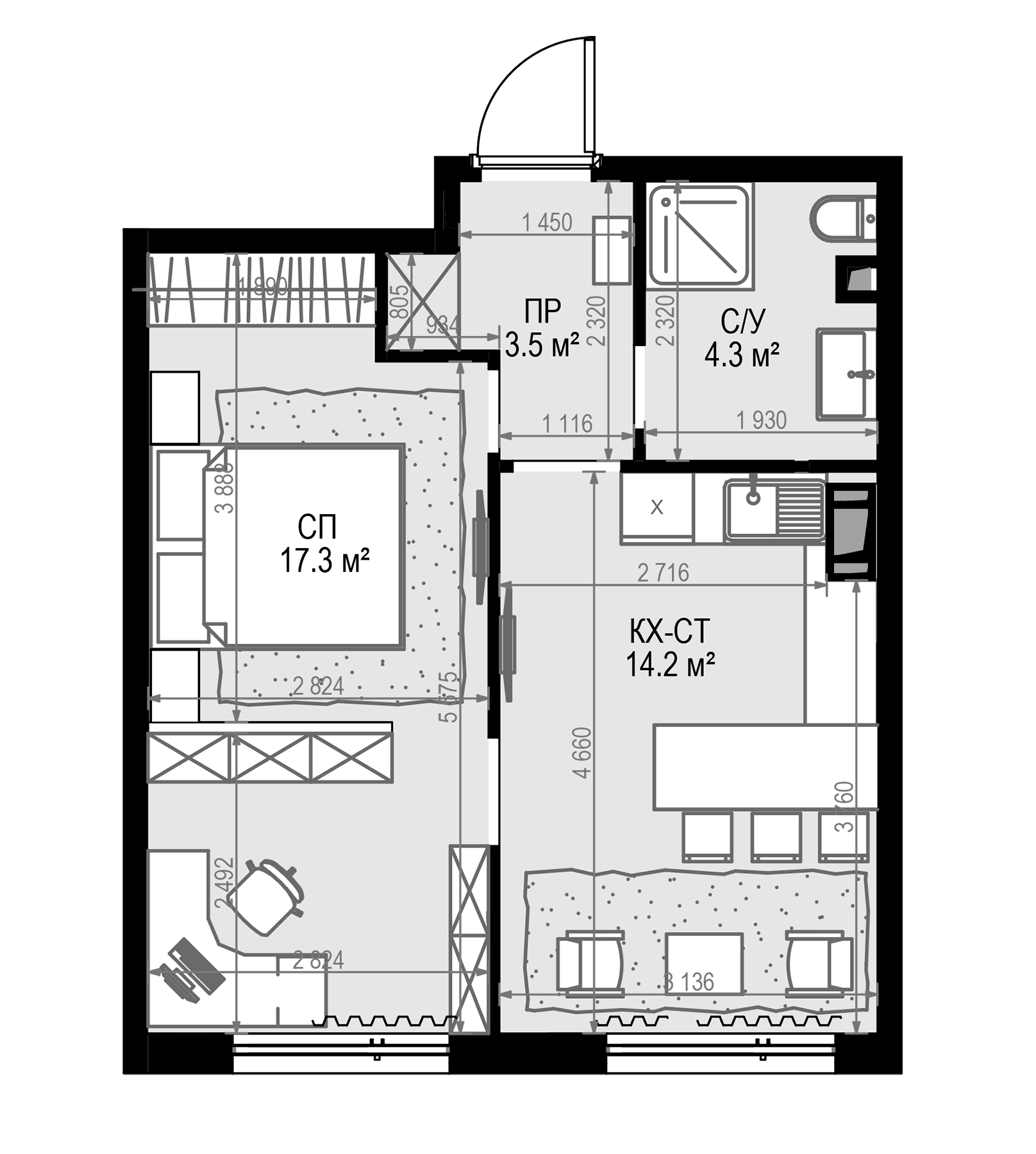 Планировка: Евродвушка 39,3 м² в ЖК «Дом МАЛЕВИЧ»