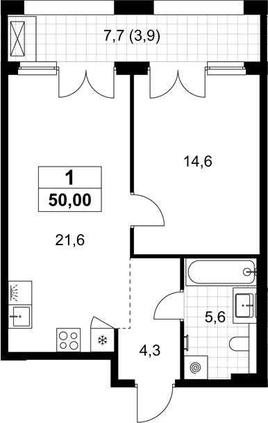 Планировка: Евродвушка 46,1 м² в ЖК «Хольм»