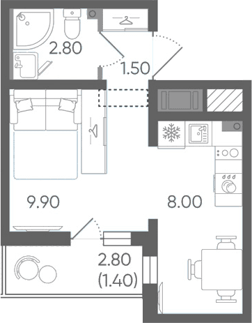 Планировка: Студия 22,2 м² в ЖК «Цветной город»
