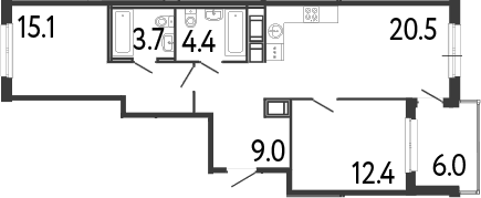Планировка: Евротрёшка 65,1 м² в ЖК «Передвижники»