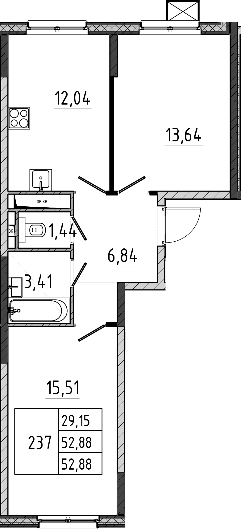 Планировка: 2-комнатная квартира 52,9 м² в ЖК «Поварово-Молодежный-2»