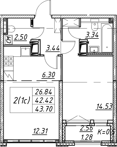 Планировка: Евродвушка 42,4 м² в ЖК «Цивилизация на Неве»