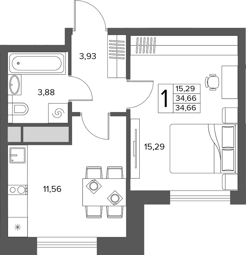 Планировка: 1-комнатная квартира 34,7 м² в ЖК «Городской бор»
