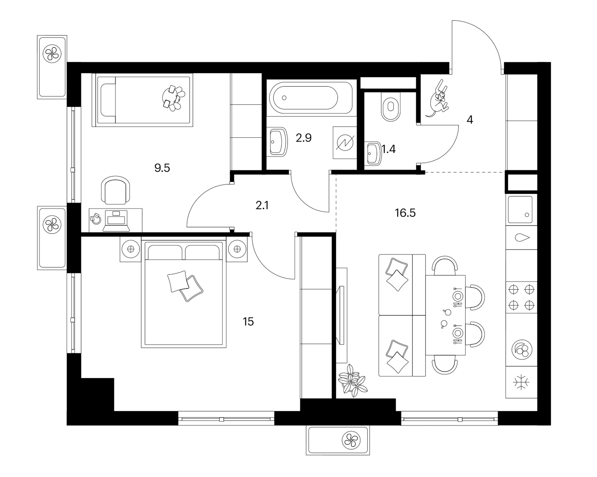 Планировка: 2-комнатная квартира 51,4 м² в ЖК «Белая Дача парк»