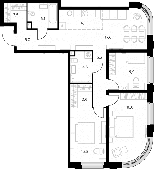 Планировка: Квартира евро-4 93,9 м² в ЖК «Адмирал»