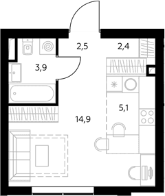 Планировка: Студия 29,1 м² в ЖК «Адмирал»