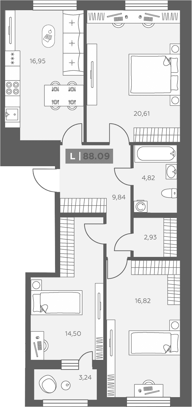 Планировка: 3-комнатная квартира 86,5 м² в ЖК «Аквилон Солар»