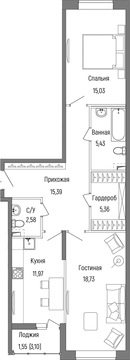 Планировка: 2-комнатная квартира 74,5 м² в ЖК «Рига Хиллс»