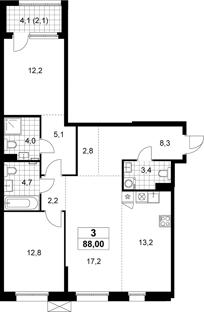 Планировка: Евротрёшка 85,9 м² в ЖК «Дзен-кварталы»
