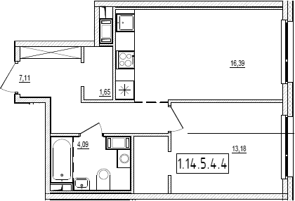 Планировка: Евродвушка 42,4 м² в ЖК «Новый Ямбург»