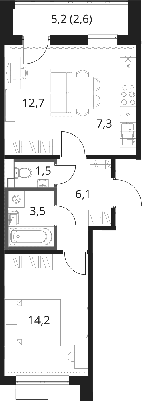 Планировка: Евродвушка 45,3 м² в ЖК «1-й Шереметьевский»