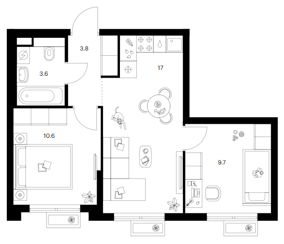 Планировка: 2-комнатная квартира 44,7 м² в ЖК «Ярославский»