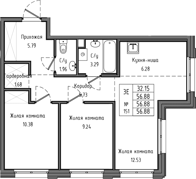 Планировка: Евротрёшка 56,9 м² в ЖК «Тишин»