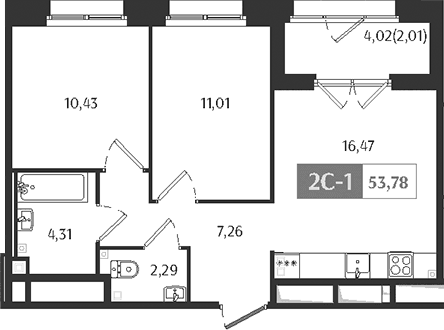 Планировка: Евротрёшка 51,8 м² в ЖК «Ranta Residence»