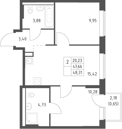 Планировка: Евротрёшка 47,7 м² в ЖК «Большое Юрлово»