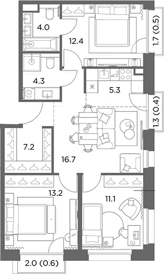 Планировка: Квартира евро-4 74,2 м² в ЖК «Станиславский»