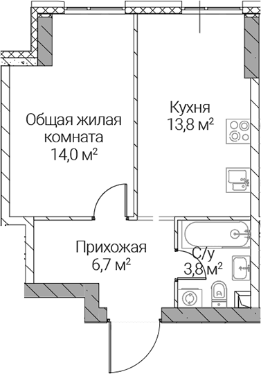 Планировка: 1-комнатная квартира 38,3 м² в ЖК «СЕЗАР СИЛИКА»