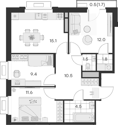 Планировка: 3-комнатная квартира 66,3 м² в ЖК «Михалевич»