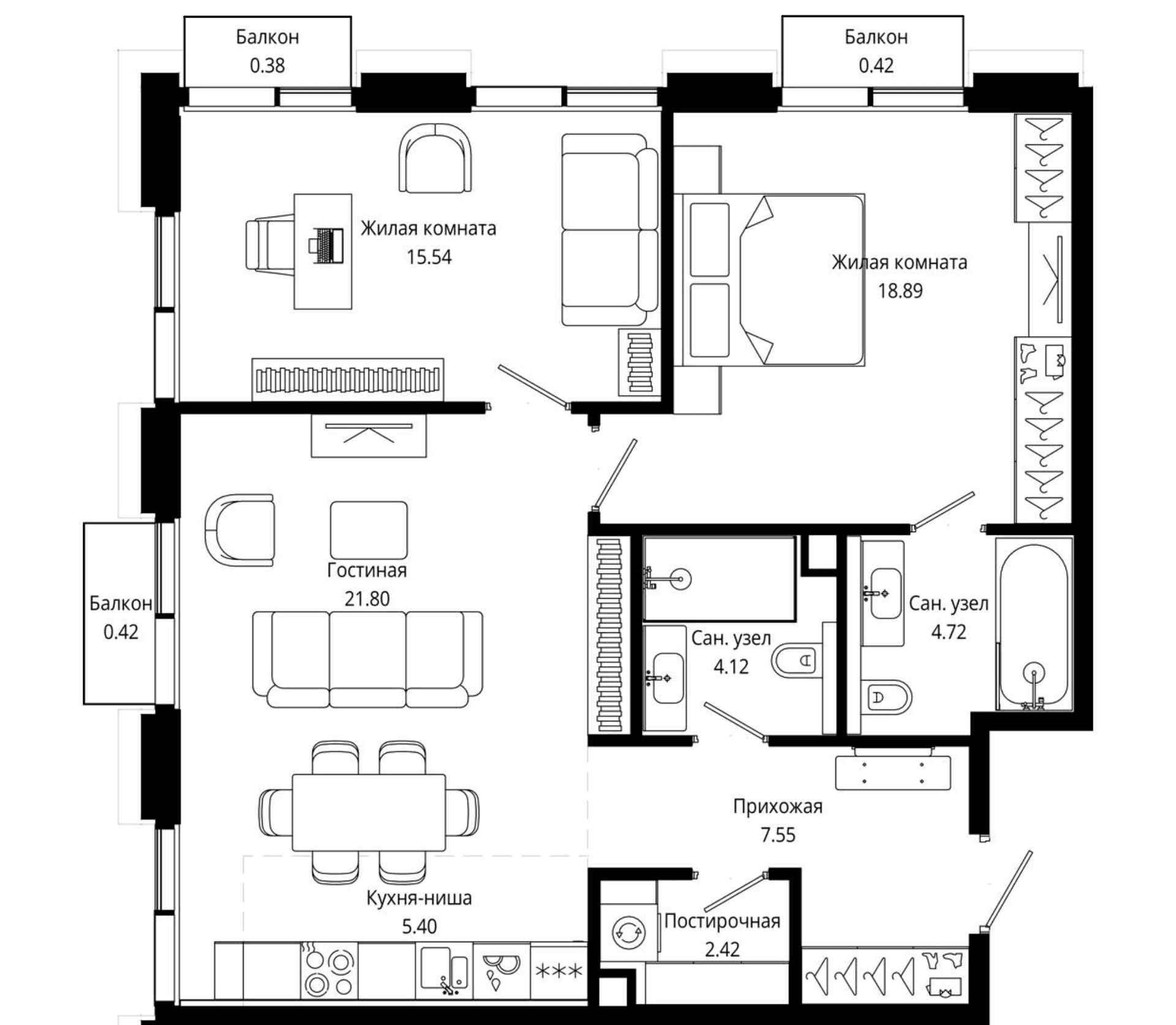 Планировка: Евротрёшка 79,1 м² в ЖК «Мод»