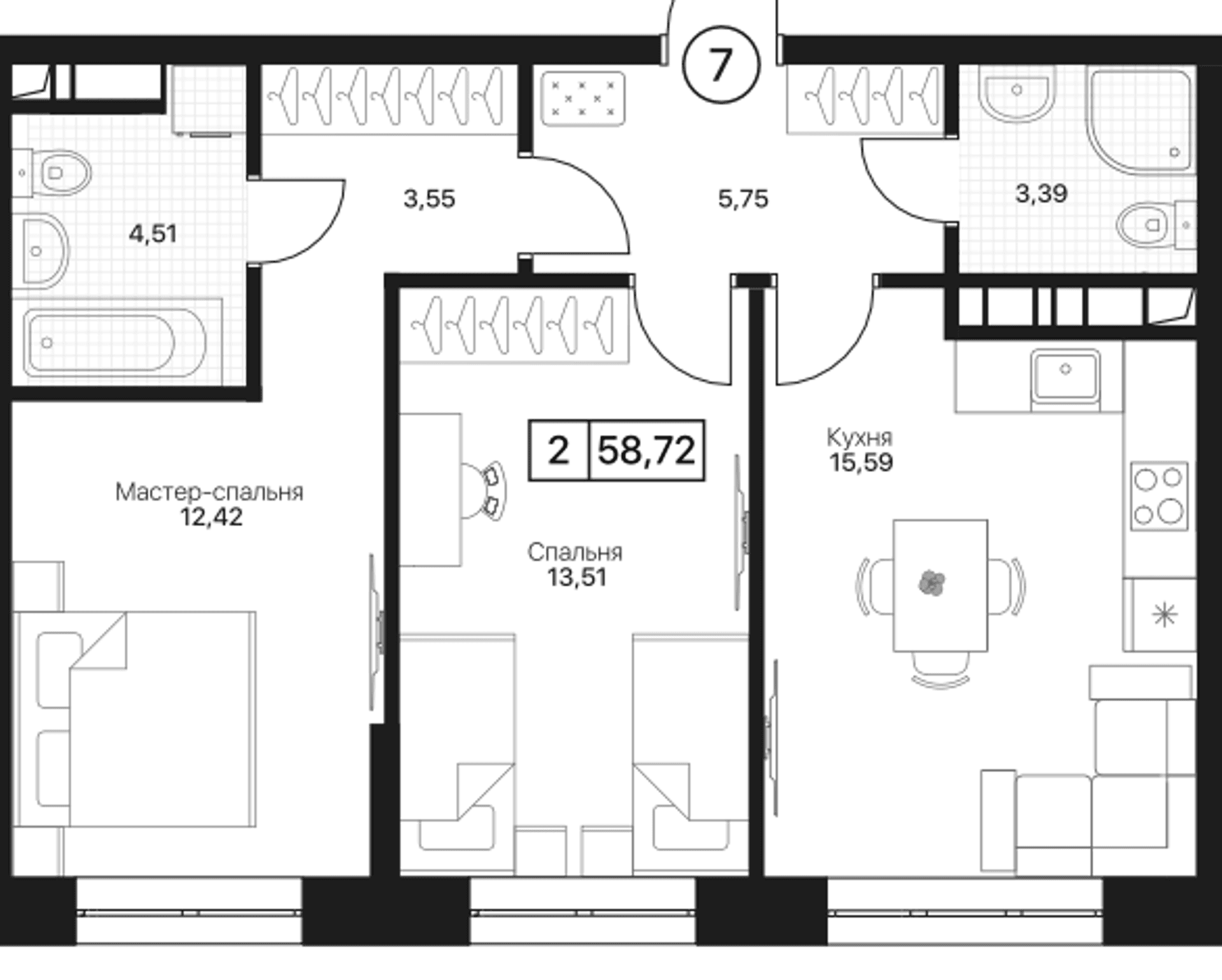 Планировка: 2-комнатная квартира 58,7 м² в ЖК «Пушкино Град»