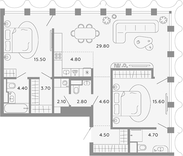 Планировка: Евротрёшка 92,5 м² в ЖК «Тессинский, V»