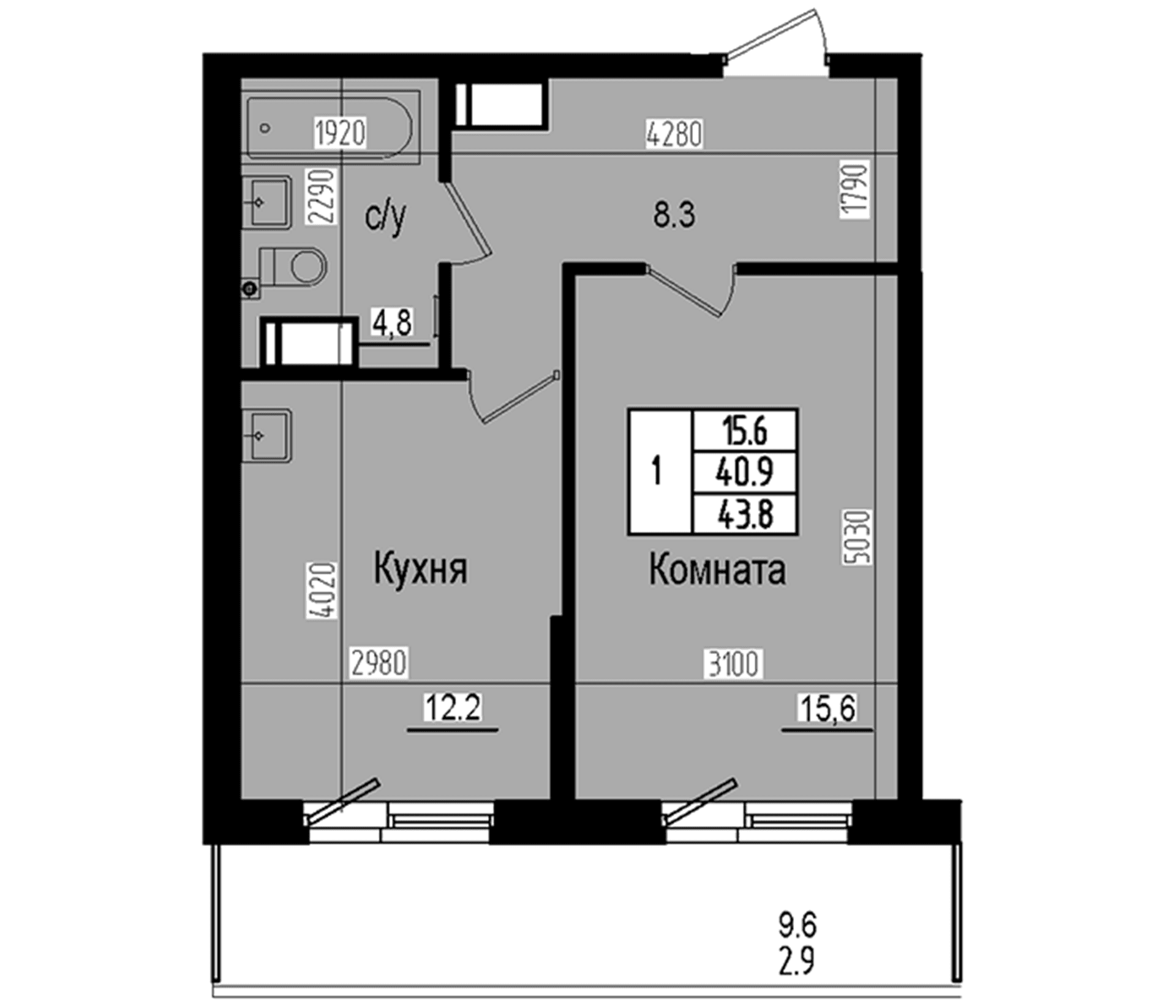 Планировка: 1-комнатная квартира 40,9 м² в ЖК «Прагма Сити»