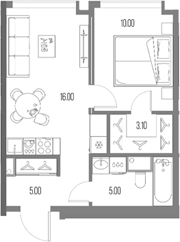 Планировка: 1-комнатная квартира 39,1 м² в ЖК «Северный Порт»