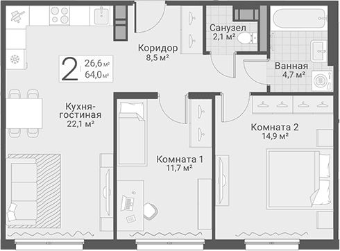 Планировка: Евротрёшка 64 м² в ЖК «Руднева, 15»