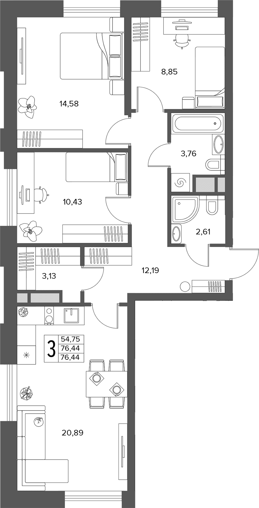 Планировка: Квартира евро-4 76,4 м² в ЖК «Городской бор»