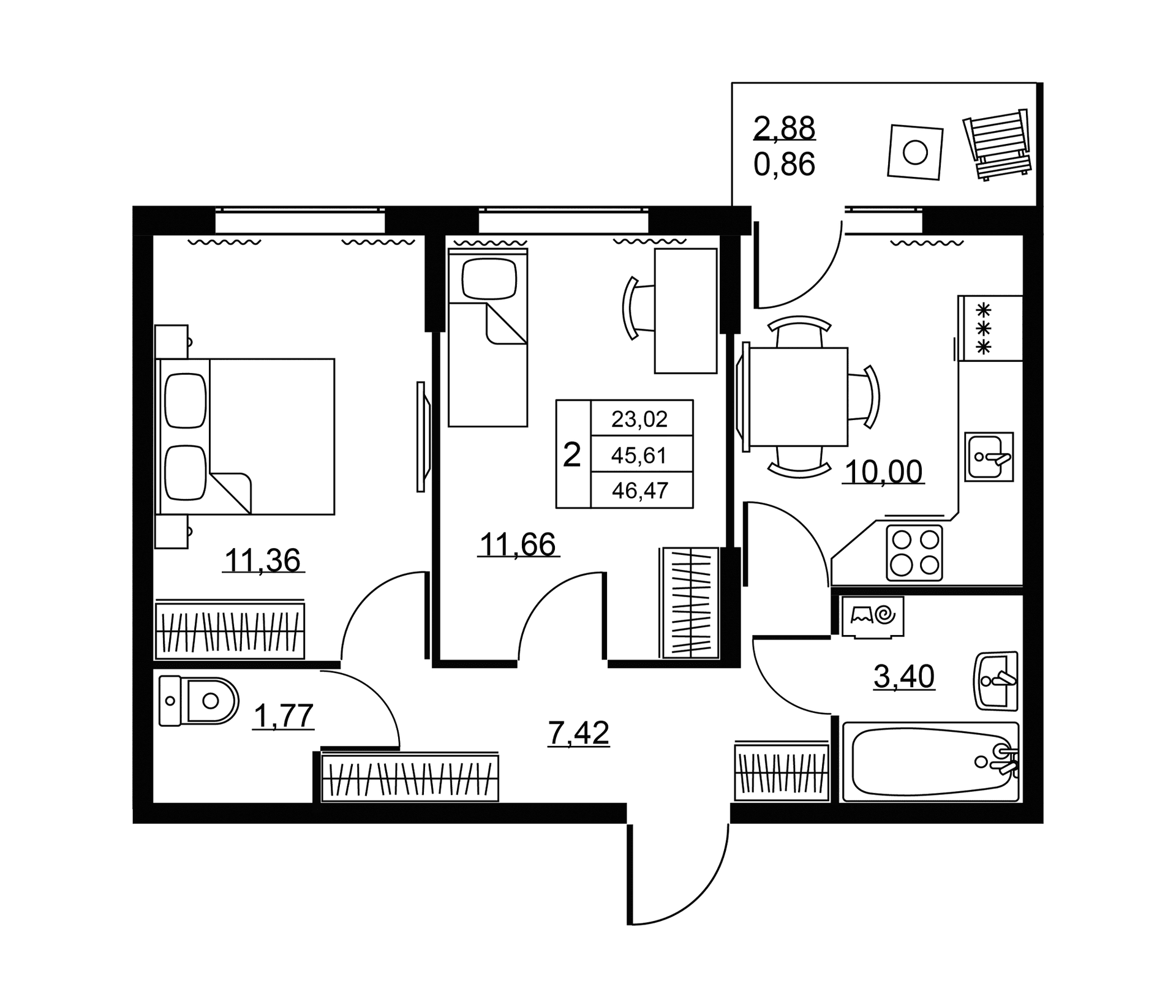 Планировка: 2-комнатная квартира 45,6 м² в ЖК «Пулковское, 34»