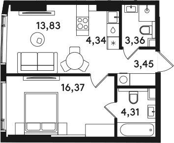 Планировка: Евродвушка 45,7 м² в ЖК «СОЛОС»